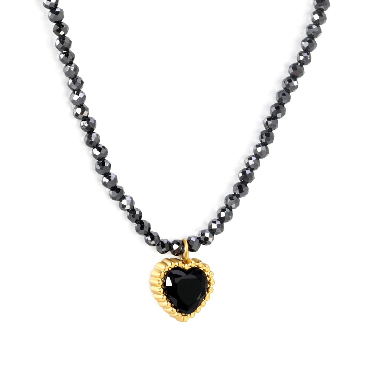 8.5*8.6mm Bead Edge Heart Shape Sticky White/Black/Purple/Red/Pink Zircon Pendant 2mm White Beads*40+5cm+6mm Round Plaque Necklace Gold Color asonjewelry